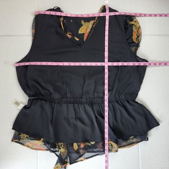 Vince Camuto Asymmetric Blouse Top Paisley Cinch Waist Lined Rich Black Size 2X - Picture 8 of 16